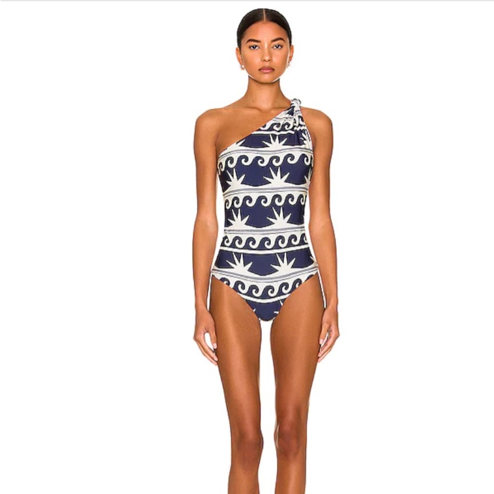 Johanna Ortiz navy & white one-shoulder one-piece bathing suit. NWT. Size M.